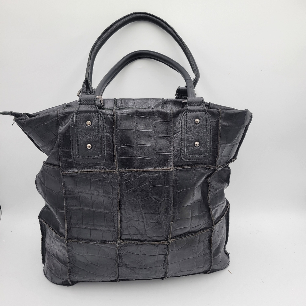 CHOCOLAT BLU Black Leather Croc-Embossed Patchwork Tote Bag - Picture 7 of 13